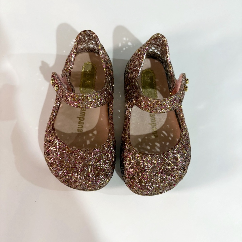 Mini Melissa Girls Pink Glitter & Nude Bow Jelly Mary Jane Sandals - Picture 3 of 12